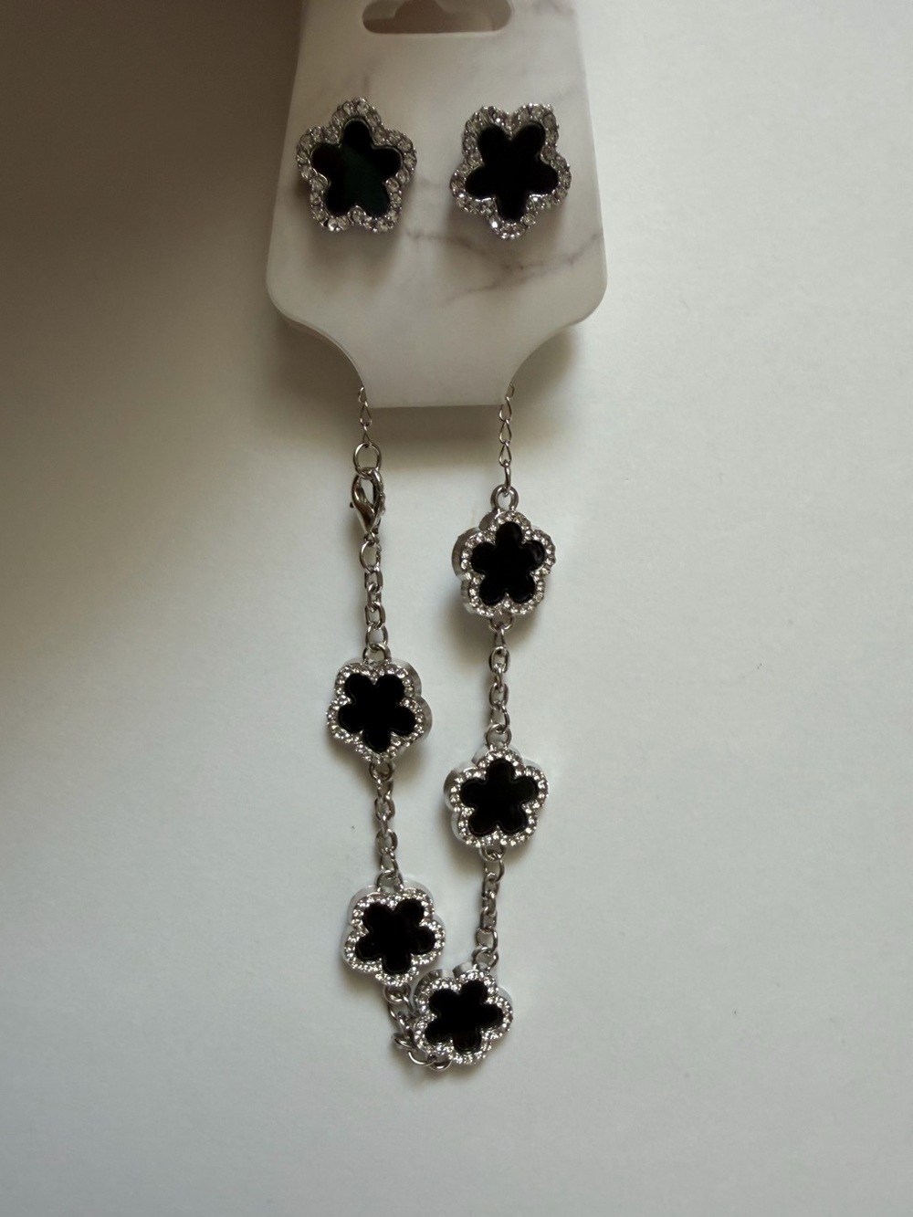 Silver Black Clover Earrings & Bracelet Set with Rhinestones NWOT